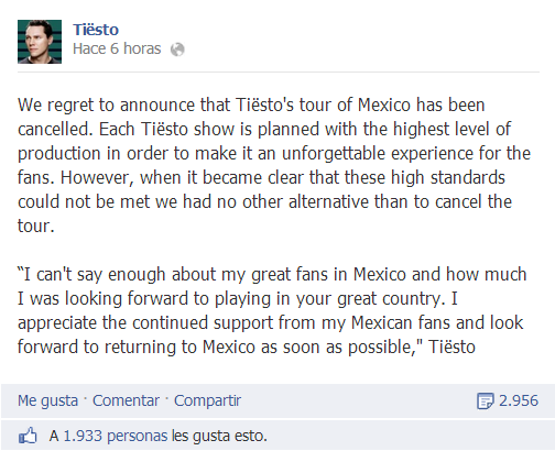 Cancela DJ Tiësto su gira por México