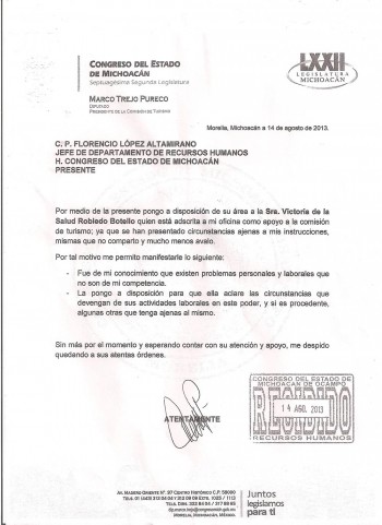 Oficio del Congreso que requiere a Robledo Botello para aclarar la situación