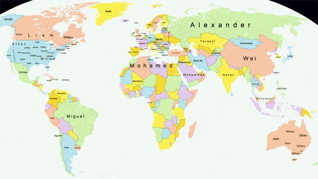 mapa mundi nombres de hombre más frecuentes