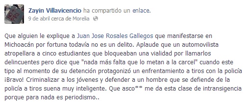 La periodista Zayin Villavicencio, reportera de Revolucióntrespuntocero cuestionando al periodista radiofónico Juan José Rosales por manifestar críticas hacia los normalistas