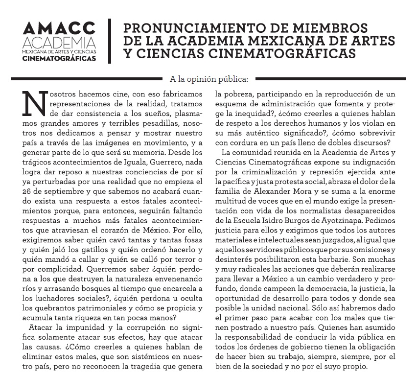 AMACC cine actores México pronunciamiento Ayotzinapa