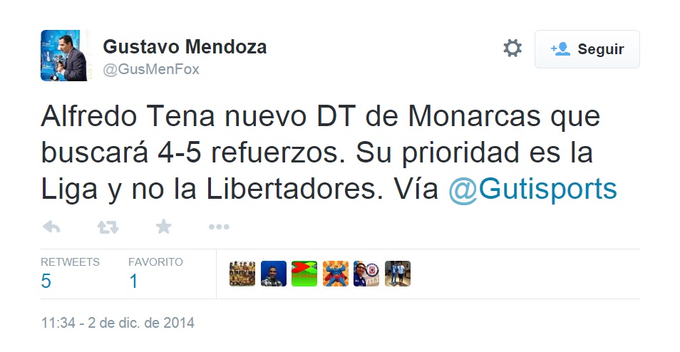 Alfredo Tena nuevo DT de Monarcas tuit de periodista de Fox