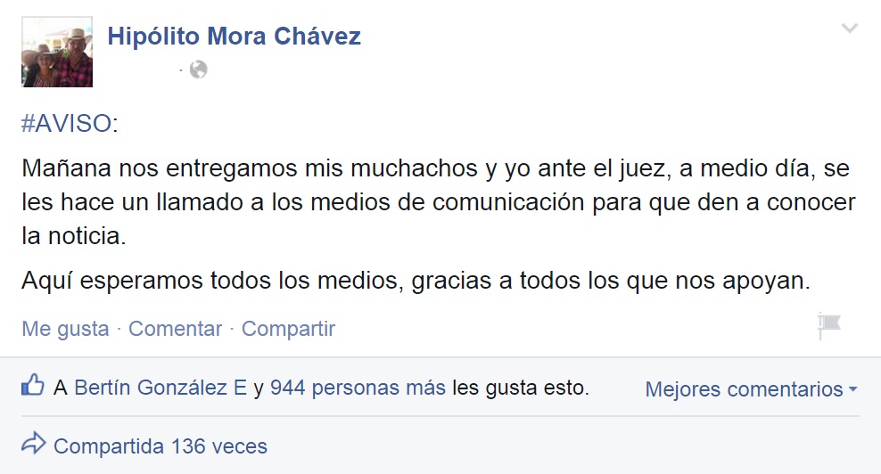Hipólito Mora aviso se entrega 26 de diciembre 2014