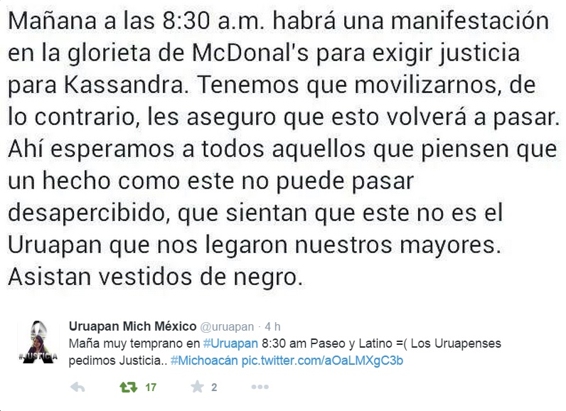 convocatoria marcha domingo justicia por Erika Kassandra de Uruapan