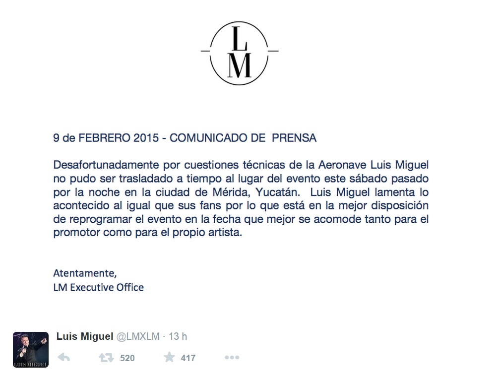 comunicado Luis Miguel concierto en Mérida