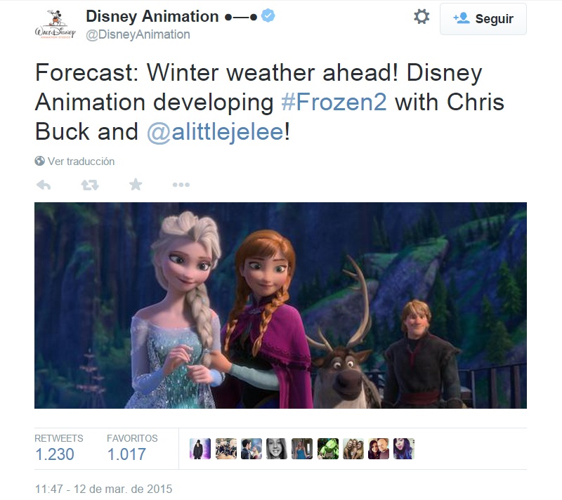 Disney confirma Frozen 2 tuit