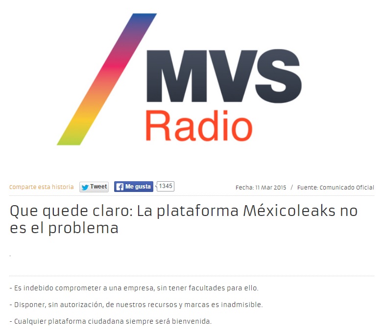 comunicado Noticias MVS Carmen Aristegui Méxicoleaks