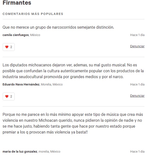 Comentarios de los firmantes en torno a la petición / Change.org