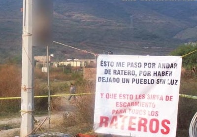 matan y cuelgan por robarse la luz Jalisco
