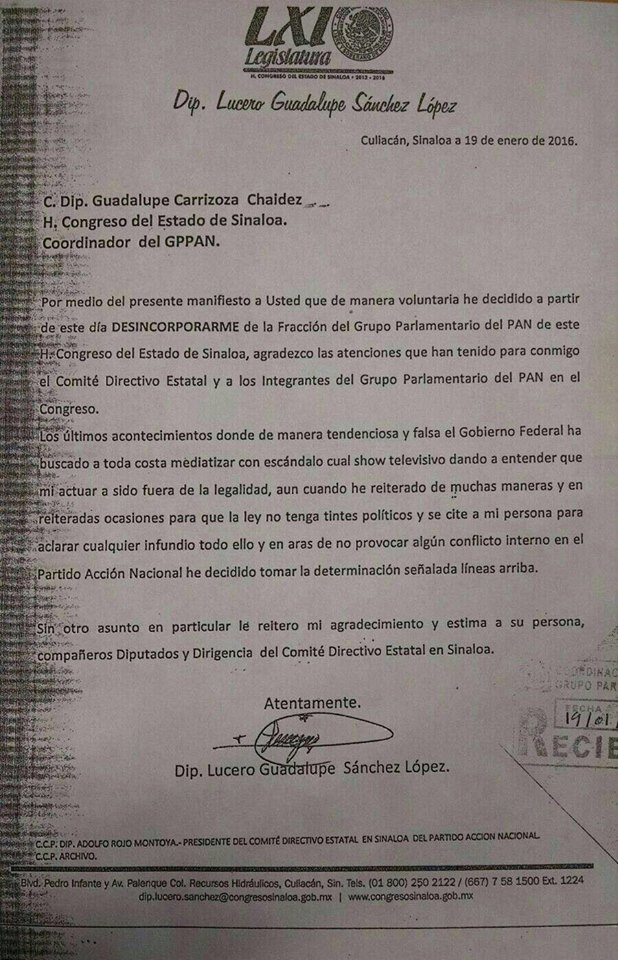 documento renuncia diputada Lucero Guadalupe Sanchez Lopez El Chapo