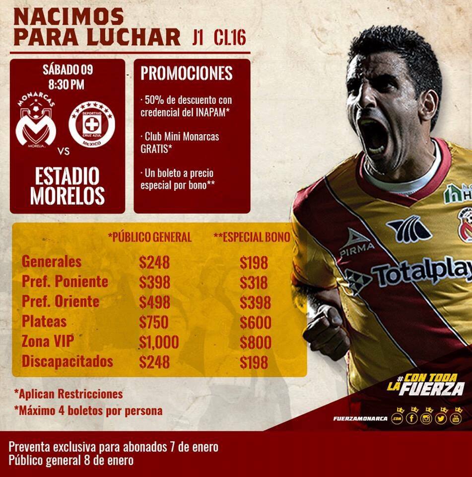 monarcas morelia precio boletos 2016