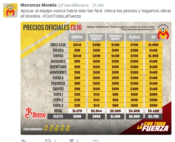 monarcas morelia precios cada partido