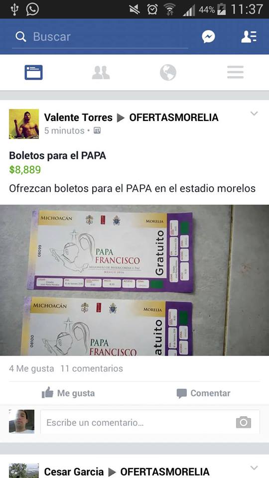 boletos papa en morelia venta fb